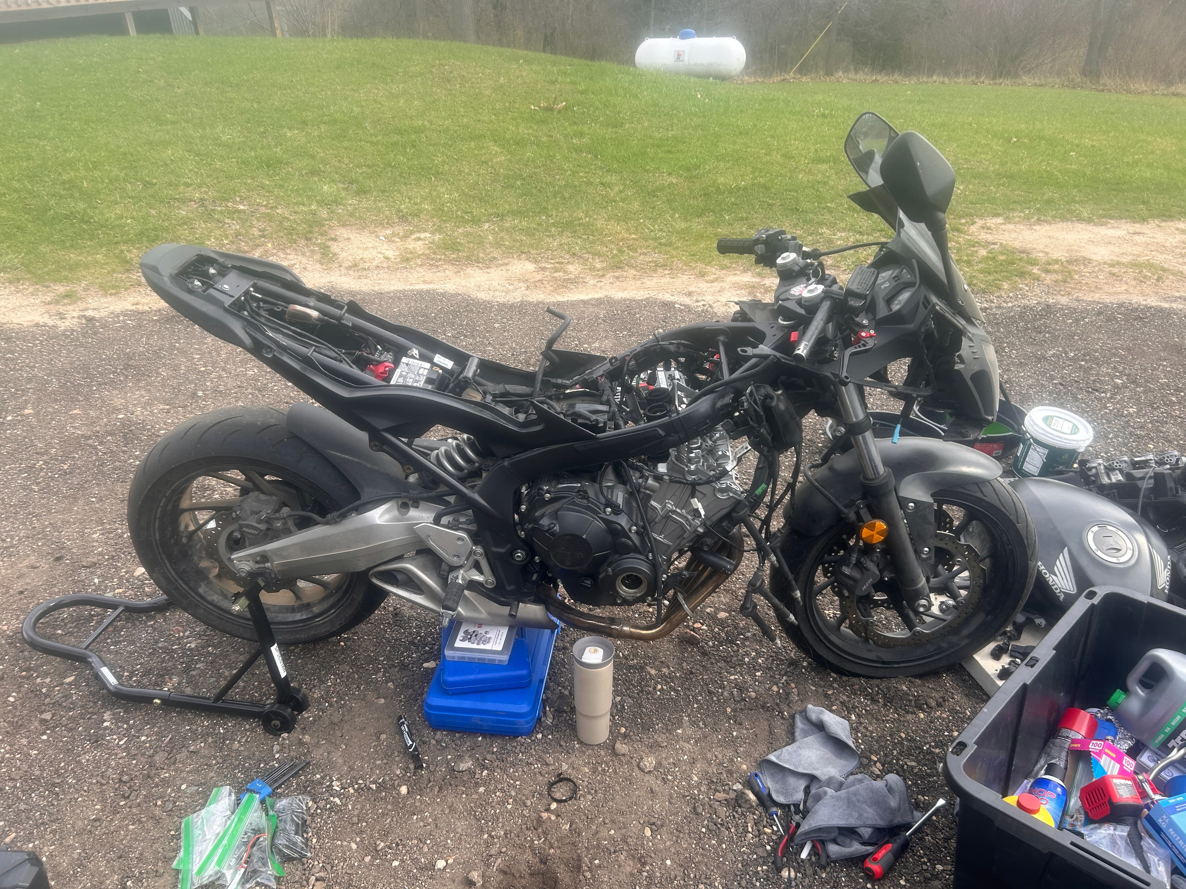 Cylinder head prepared for inspection during sport bike top-end repair